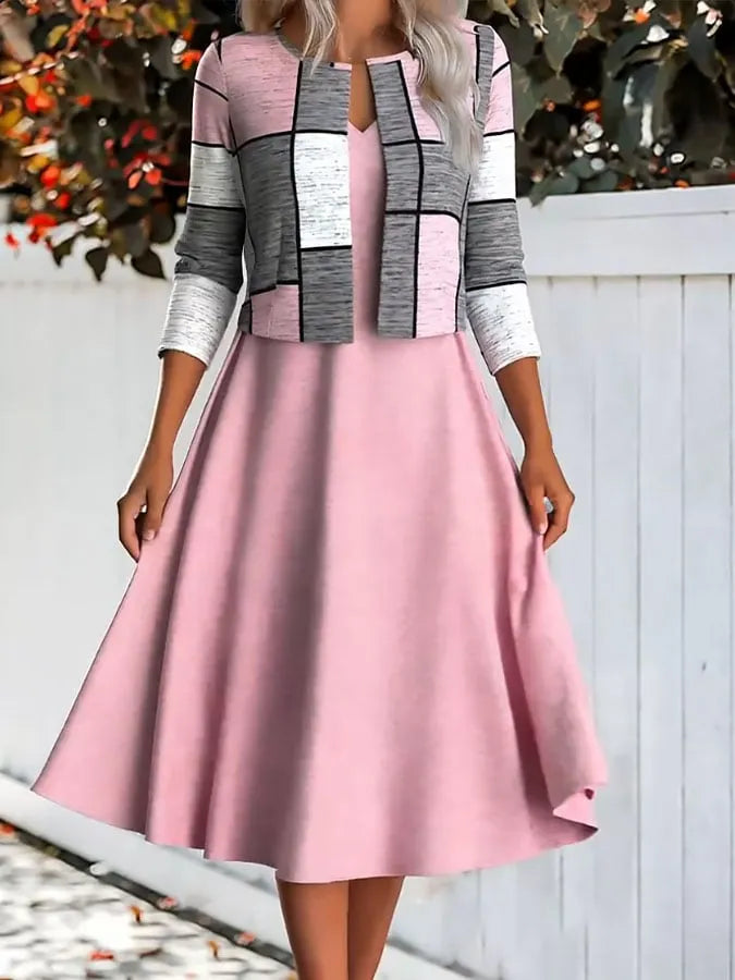 Women's Casual V-Neck Vest Dress and Contrast Color Cardigan Set