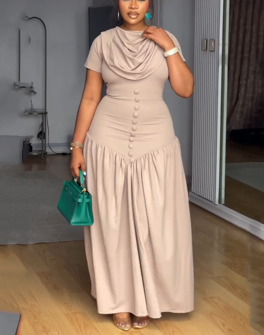Cowl Neck Button Detail Gathered Maxi Dress