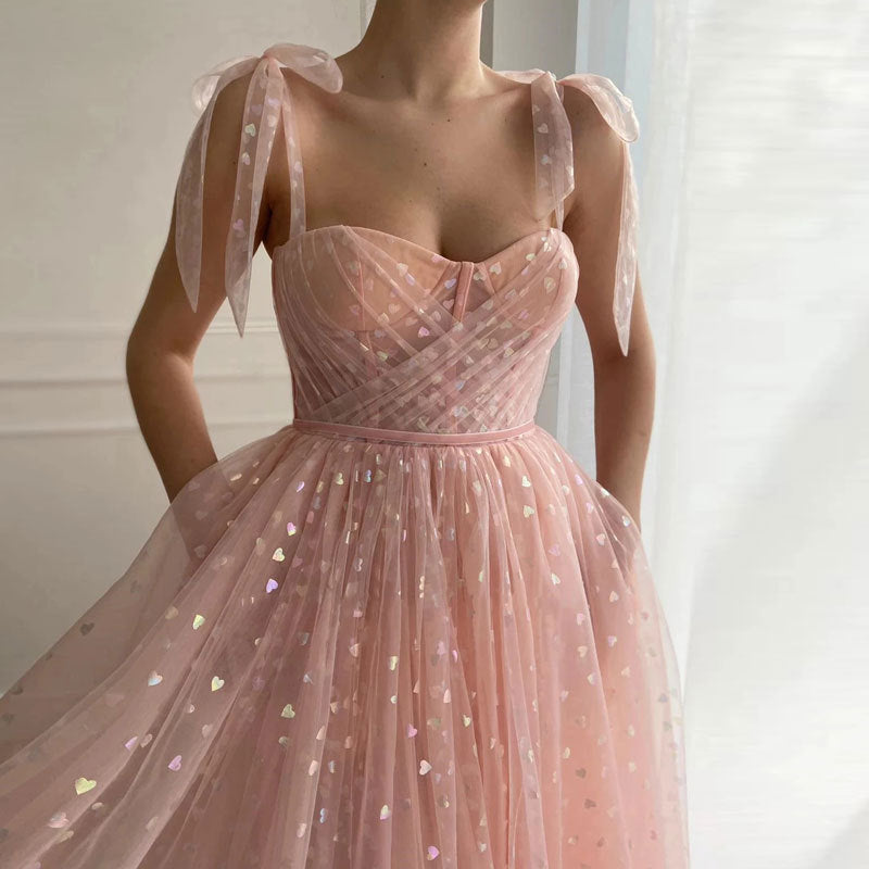 Iridescent Heart Tulle Homecoming Dress with Bow Straps