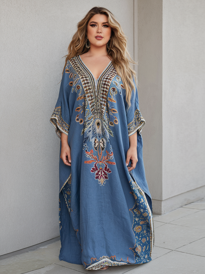 Contton & Linen  Long Sleeve  Kaftan Maxi Dress