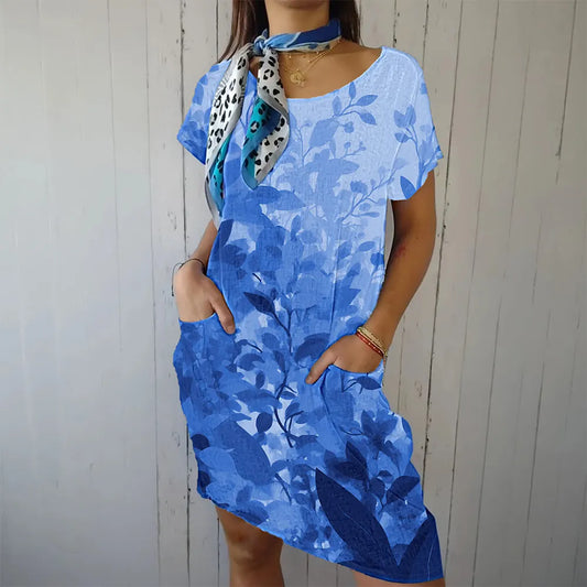 Women's Vintage Blue Gradient Floral Pattern Cotton and Linen Round Neck Dress