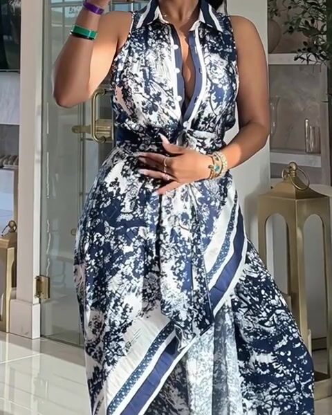 Vintage Ink Print Turn-down Collar Sleeveless Button Front Maxi Dress Casual Zipper Back Tie Waist Side High Slit Vacation Dress with Belt