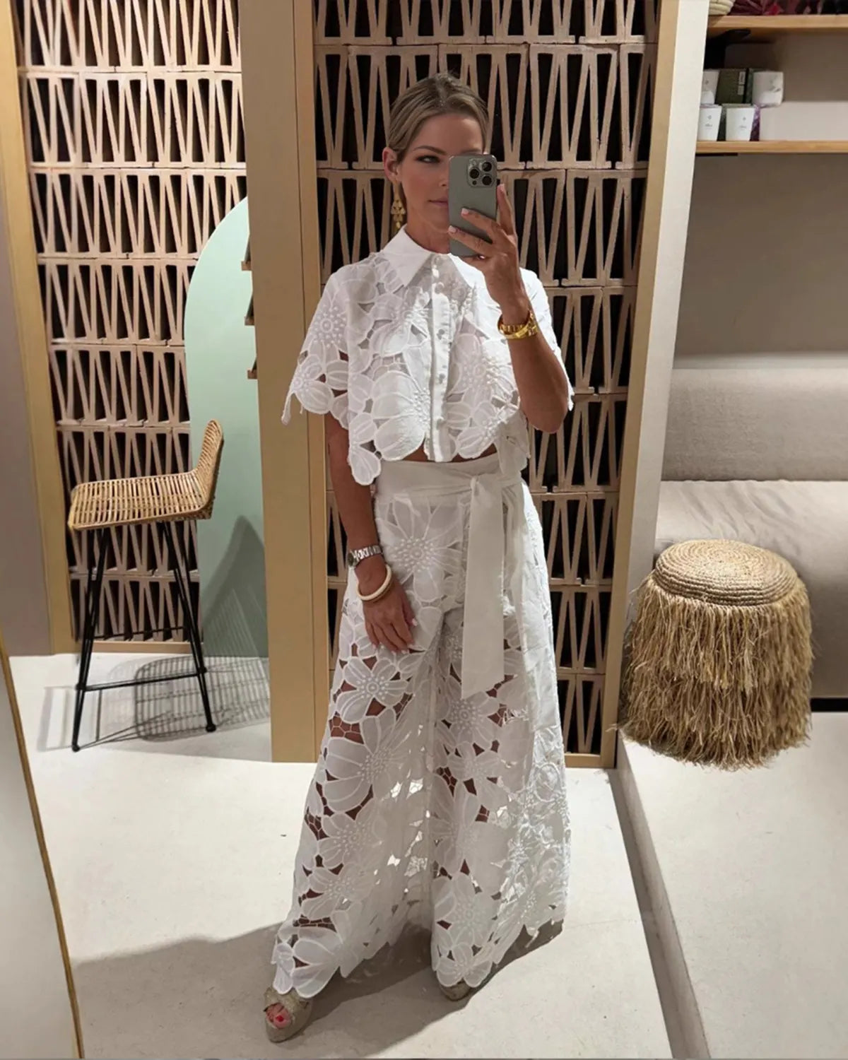 Solid Color Lace-Up Knit Top & Wide-Leg Pants Two-Piece Set