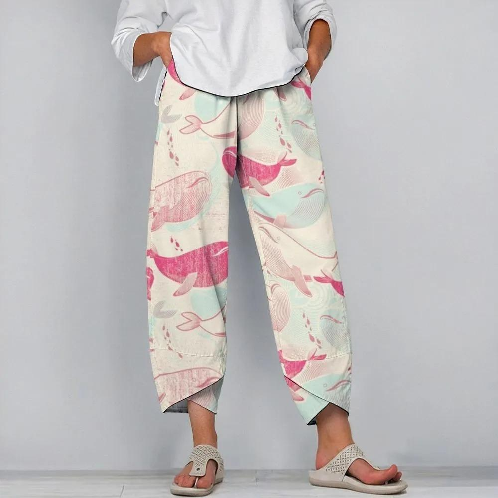 Women's Casual Pink Dolphin Printed Pants