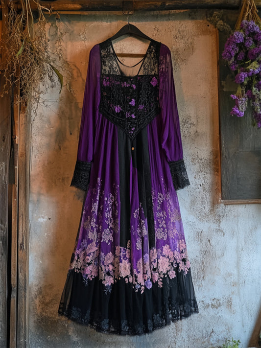 Vintage Lavender Gradient Lace Art Linen V Neck Maxi Dress