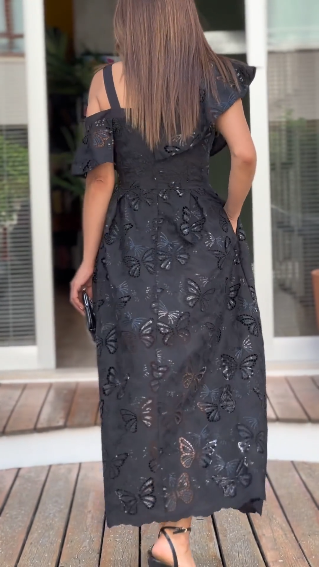 Black Butterfly Cutout Cold-Shoulder Midi Dress