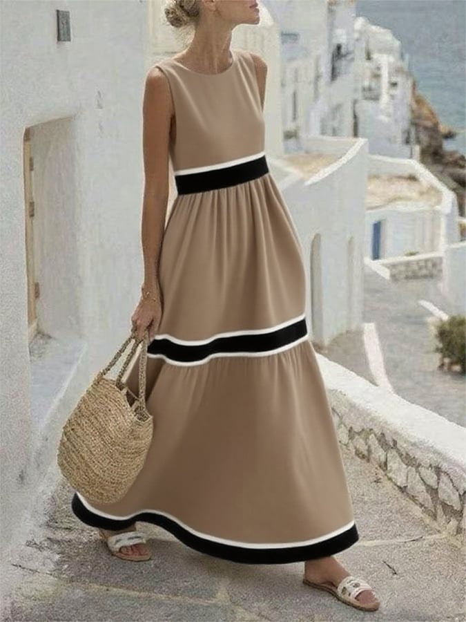 Women's Casual Round Neck Contrast Stripe Holiday Dress