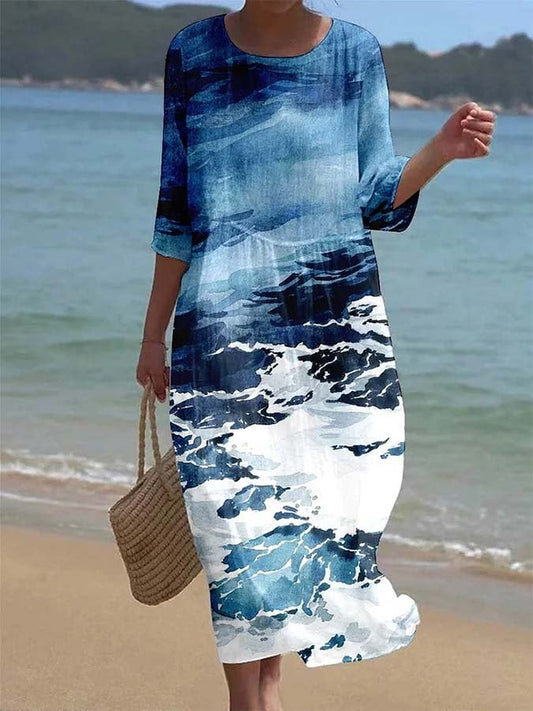 Women's Casual  Round Neck Mid Sleeve Print Cotton and Linen Dress