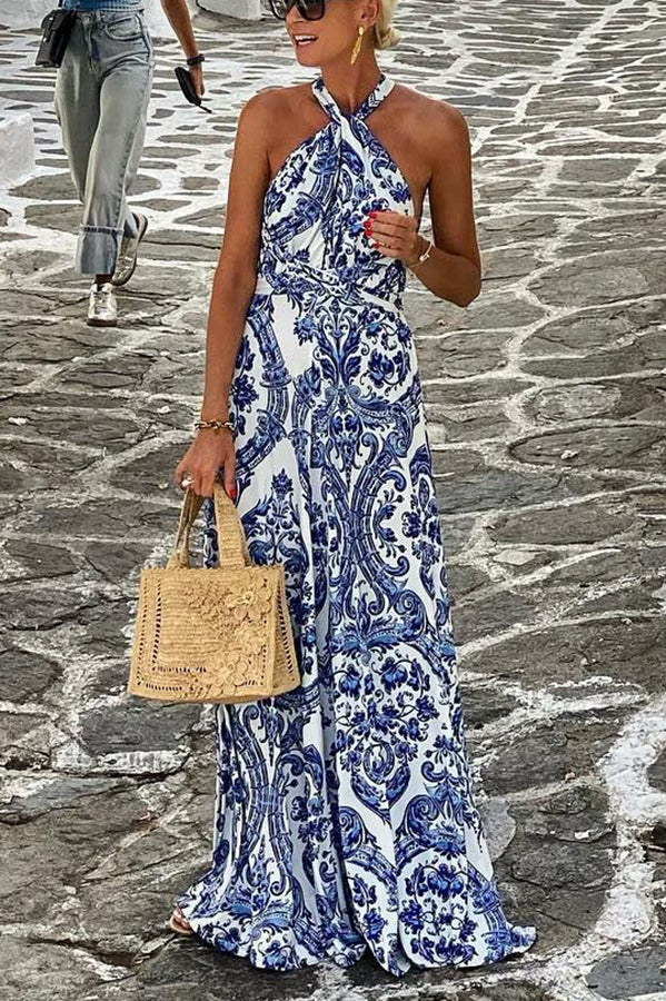 Vintage Blue White Baroque Print Halter Maxi Dress Sleeveless Vacation Summer Dress