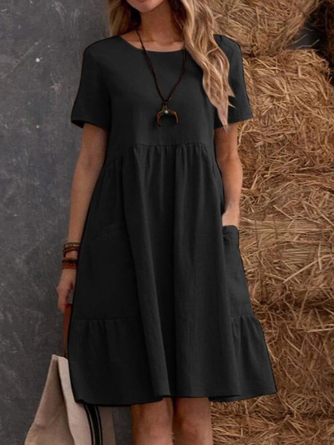 Solid Color Short Sleeved Loose Pocket Cotton Linen Dress