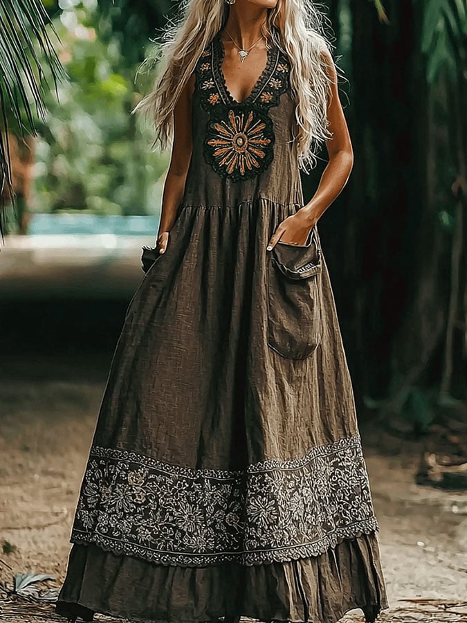 Women's Bohemian Casual V Neck Dress
