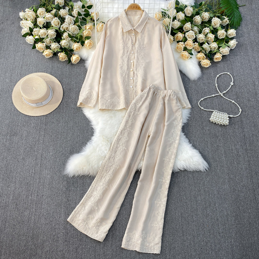 Heavy Embroidery Long Sleeve Shirt & Loose Casual Pants Two Piece Set