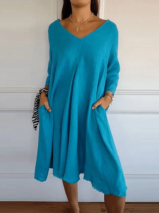 Ladies V-Neck Cotton And Linen Loose Dress