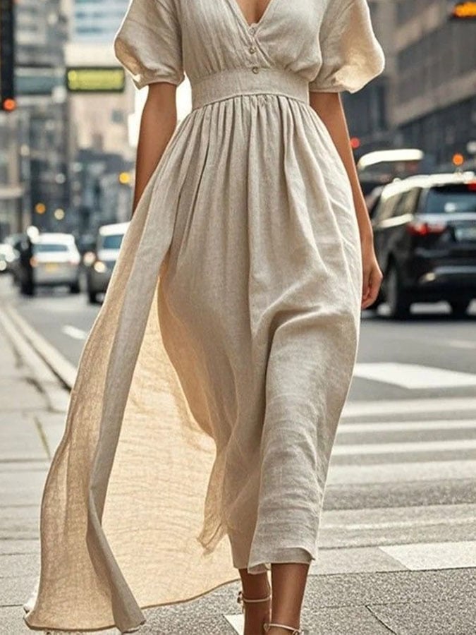 Women's Casual Solid Color V-Neck Cropped Short Sleeve Dress