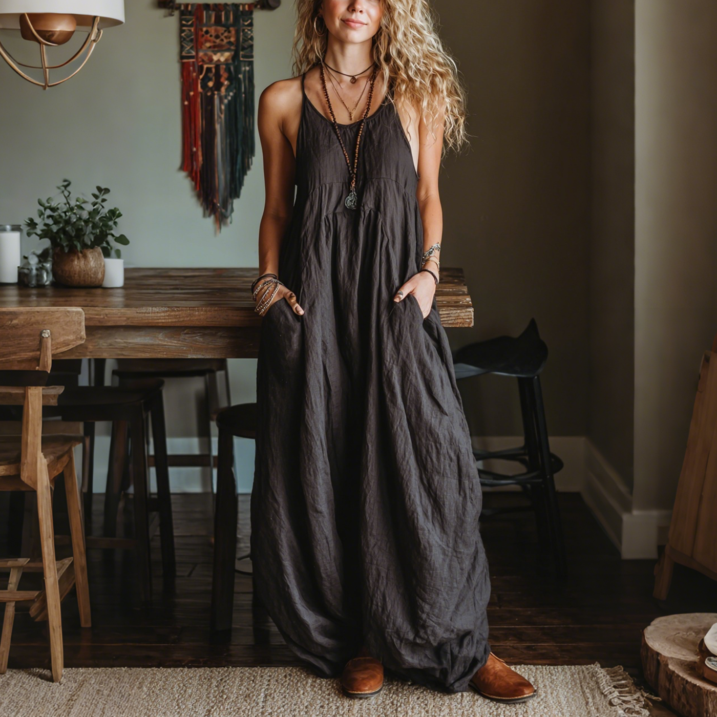 Retro Casual Loose Cotton And Linen Suspender Long Skirt Fashionable Large Silhouette Suspender Dress Home Comfortable L