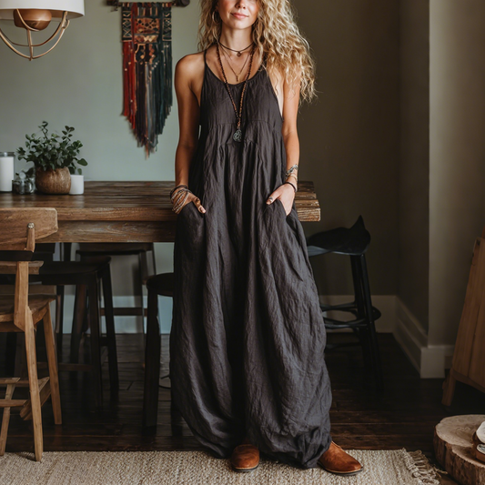 Retro Casual Loose Cotton And Linen Suspender Long Skirt Fashionable Large Silhouette Suspender Dress Home Comfortable L