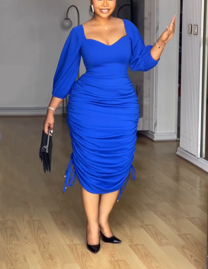 Royal Blue Ruched Bodycon Midi Dress with Puff Sleeves