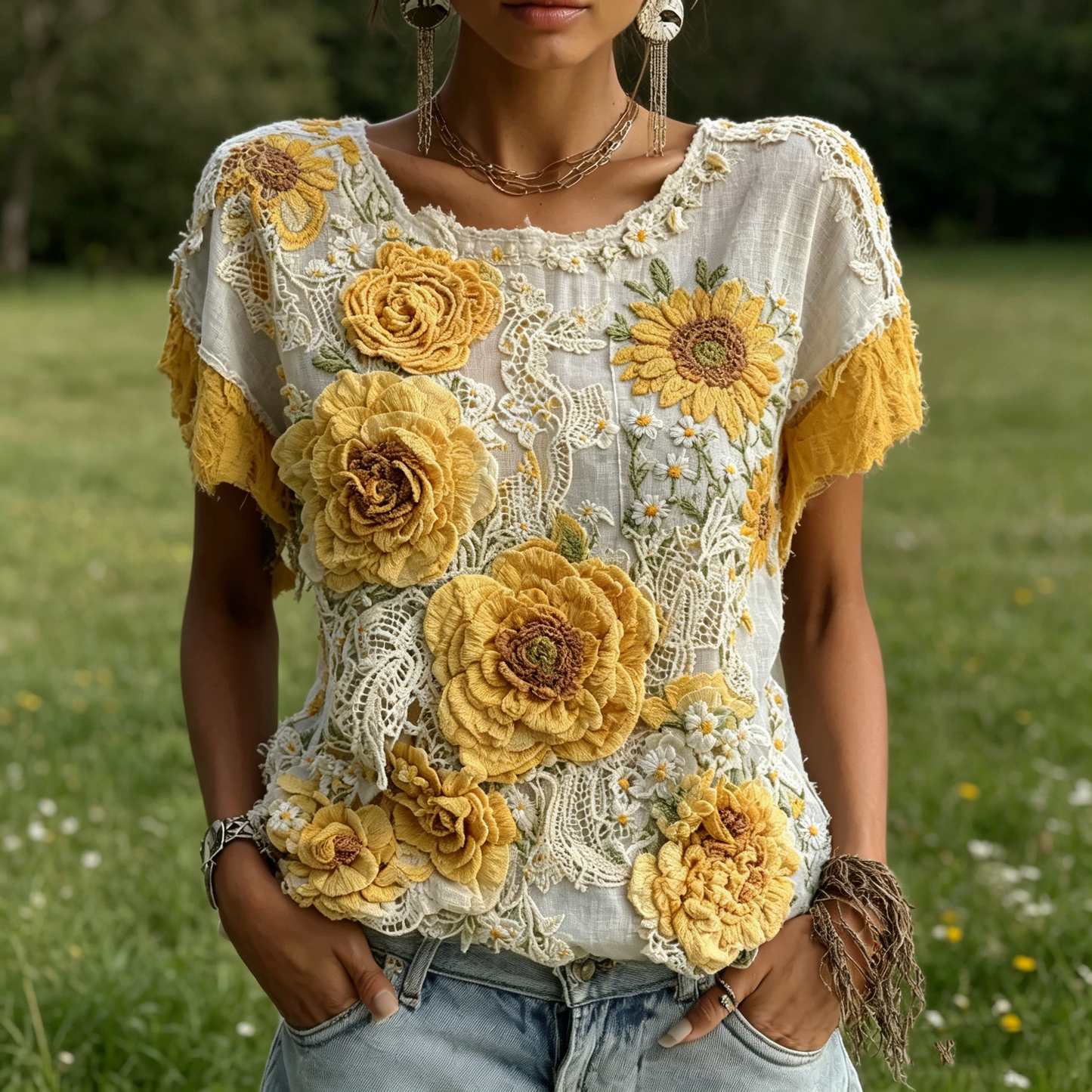 🌻 Women's 3D Rose & Sunflower Embellished Boho Top