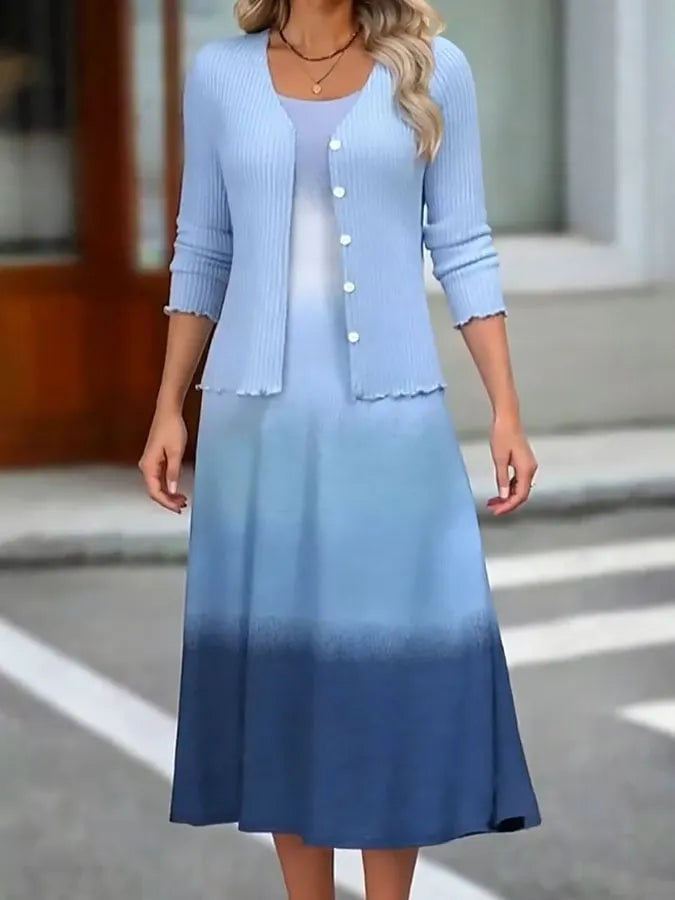Women's Casual Round Neck Vest Gradient Dress Plus Cardigan Set