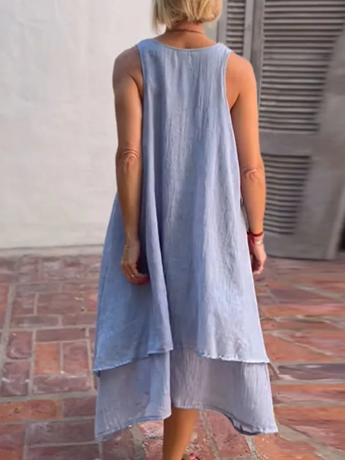 Women's Casual Solid Color Round Neck Sleeveless Splicing Irregular Hem Dress