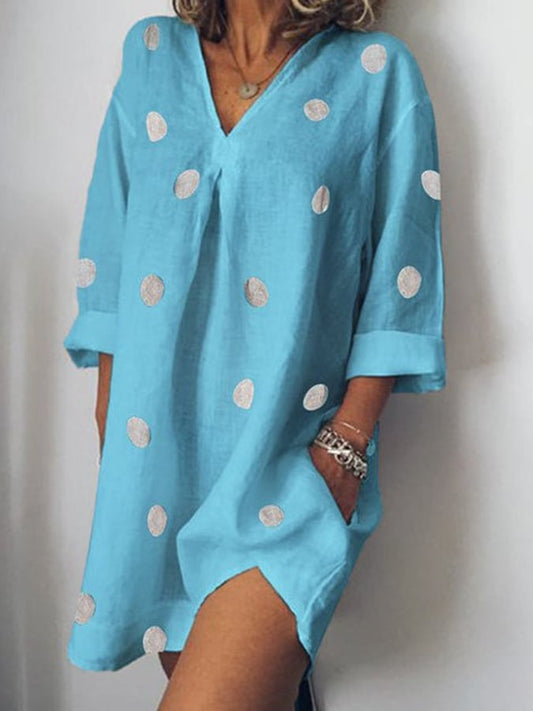 Cotton Linen Three Quarter Sleeve Shirt Collar Polka Dot Dress