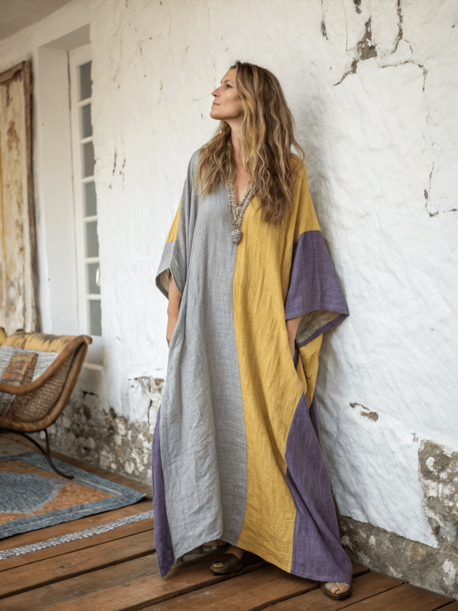 Linen Printed Kaftan Maxi Dress