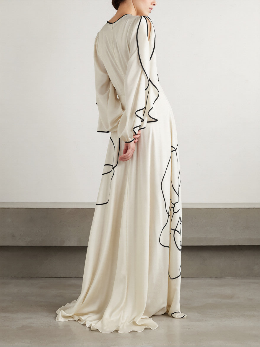 Loose Contrast Color Falbala Flower Print Hollow Zipper Maxi Dresses
