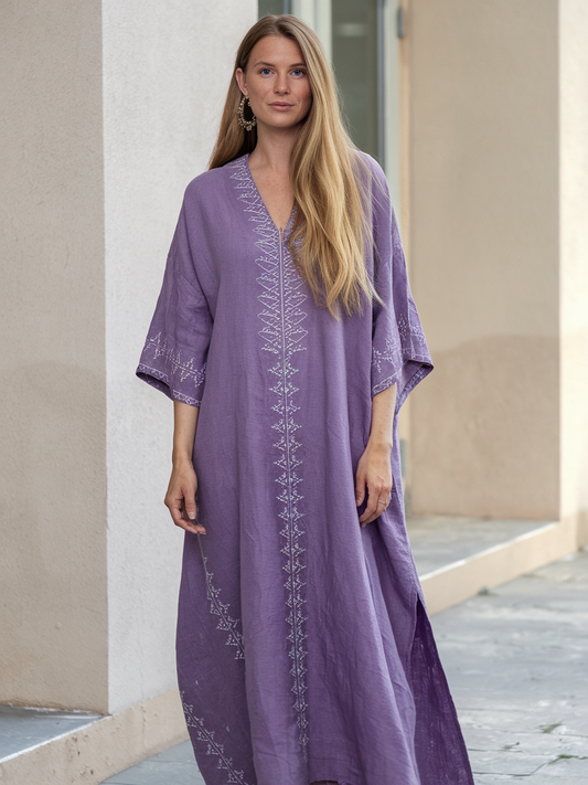 Contton & Linen Long Sleeve Kaftan Maxi Dress