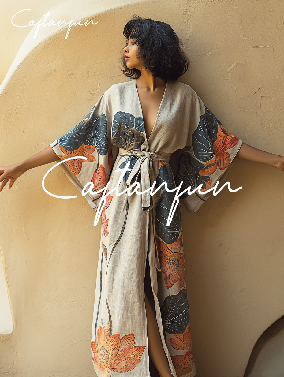 Women's Lotus Leaf Kimono Linen Robe (Including Belt)