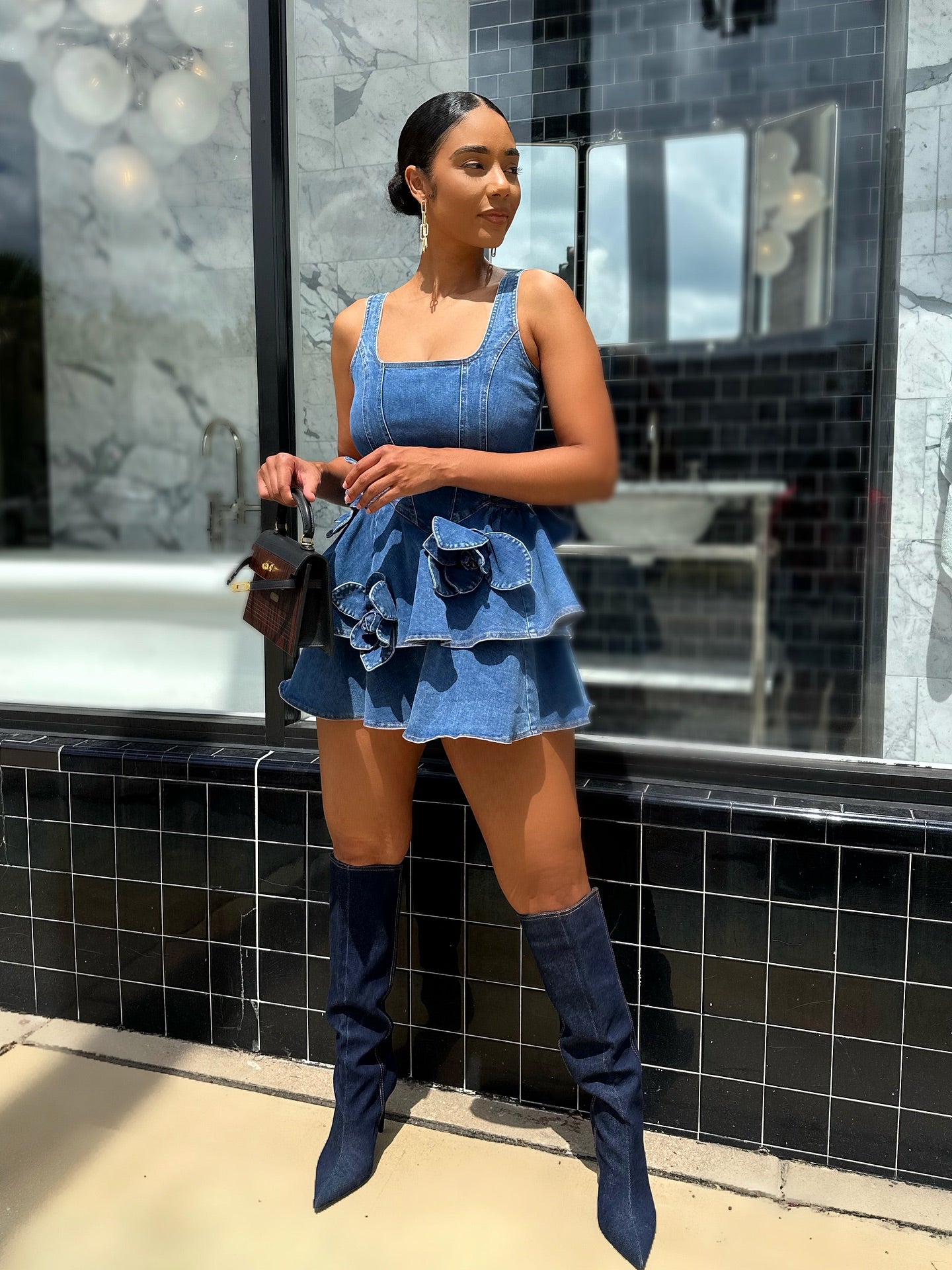 3D Floral Applique Tiered Denim Romper Dress
