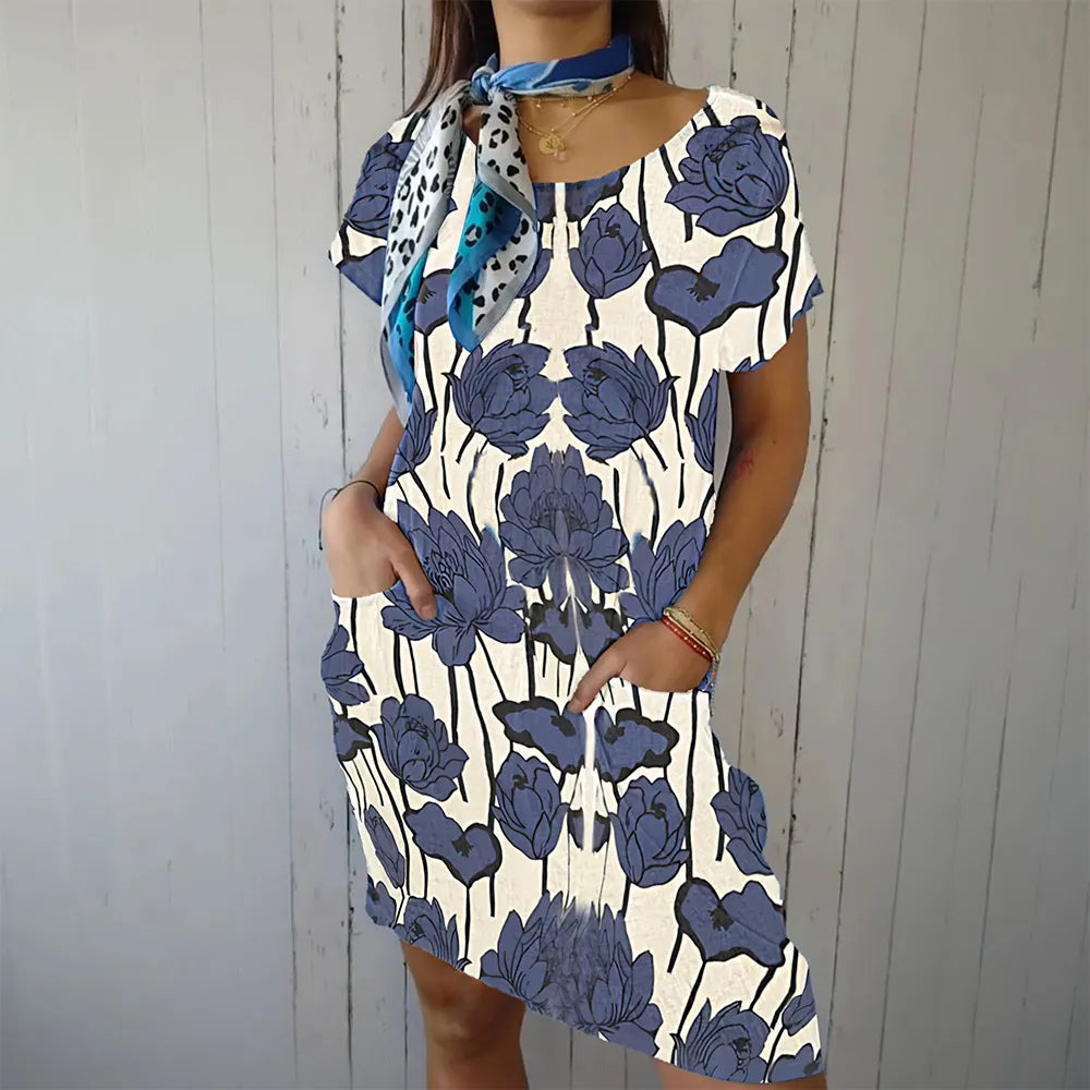 Women's Vintage Tulip Floral Pattern Cotton and Linen Round Neck Dress
