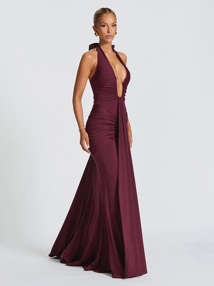 Solid Color Halterneck V-neck Open Back Tie Gathered Maxi Dress