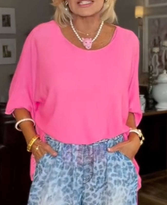 Fluorescent Pink Batwing Sleeve Top  / Gradient Blue Leopard Print Wide-Leg Pants
