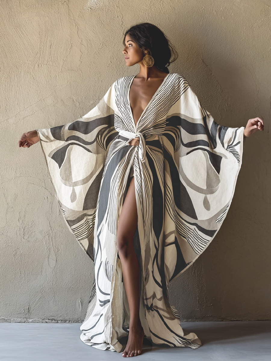 Women's Black, White and Grey Kimono Linen Robe (with Belt)