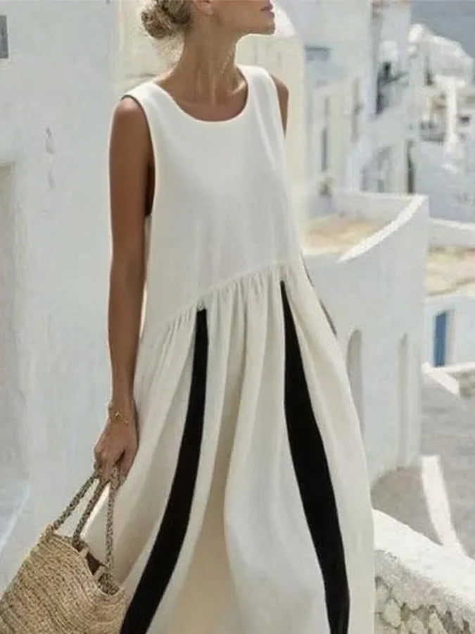 Women'S Casual Round Neck Contrast Color Cotton And Linen Holiday Dress
