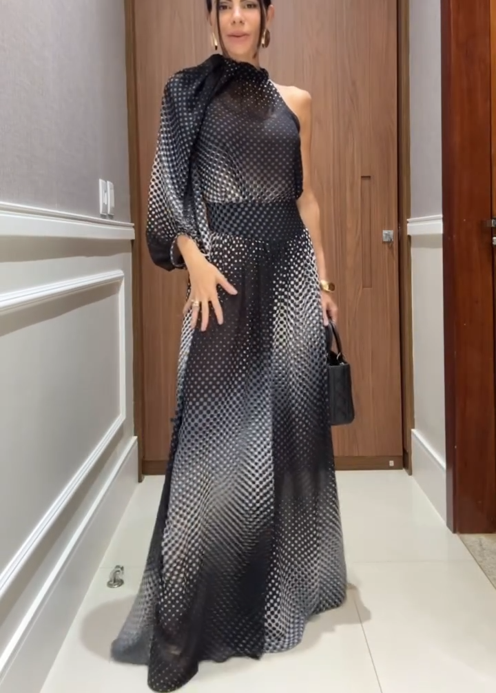 Gradient Polka Dot One-Shoulder Maxi Dress