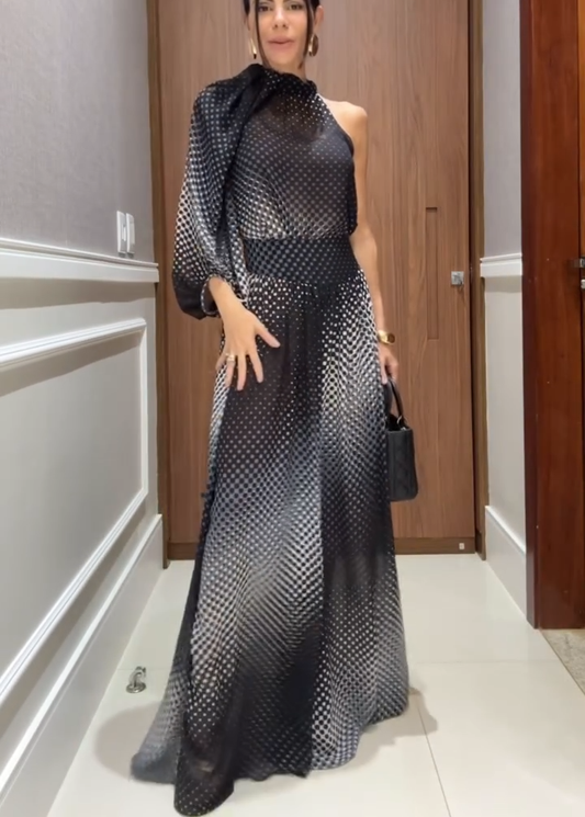 Gradient Polka Dot One-Shoulder Maxi Dress