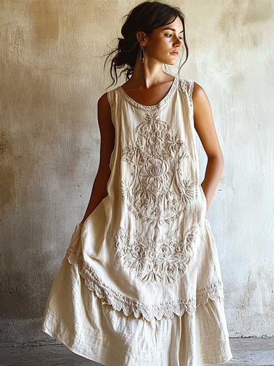 Vintage Floral Embroidered Linen Tank Dress | Scalloped Lace Hem
