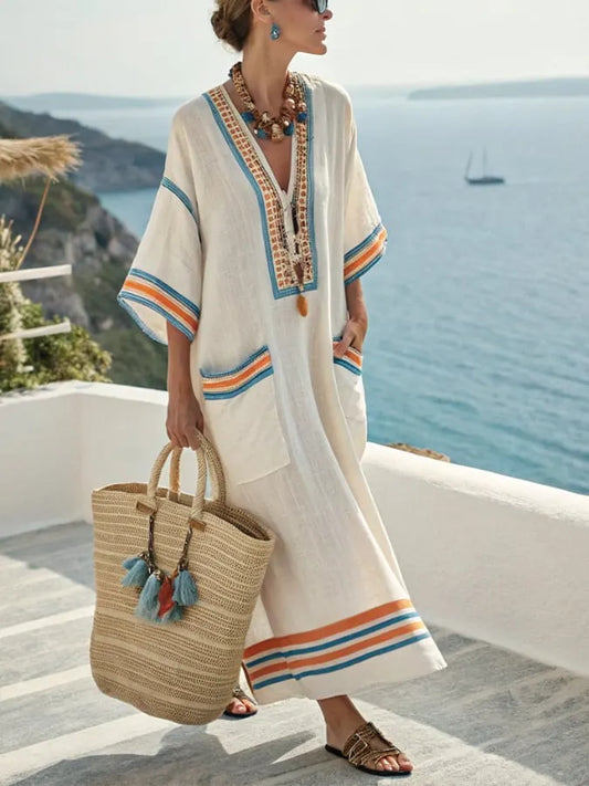 Women's Casual V-Neck Contrast Stripe Resort Dress