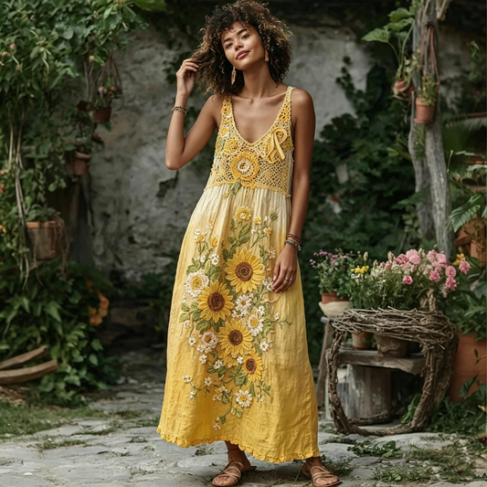 Women's Sunflower Crochet Embroidered Boho Maxi Dress
