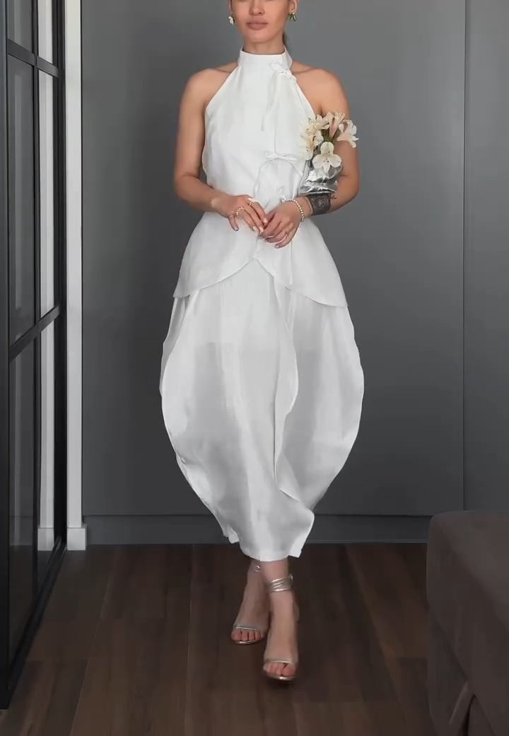 White Halter Neck Tie-Front Two-Piece Midi Set