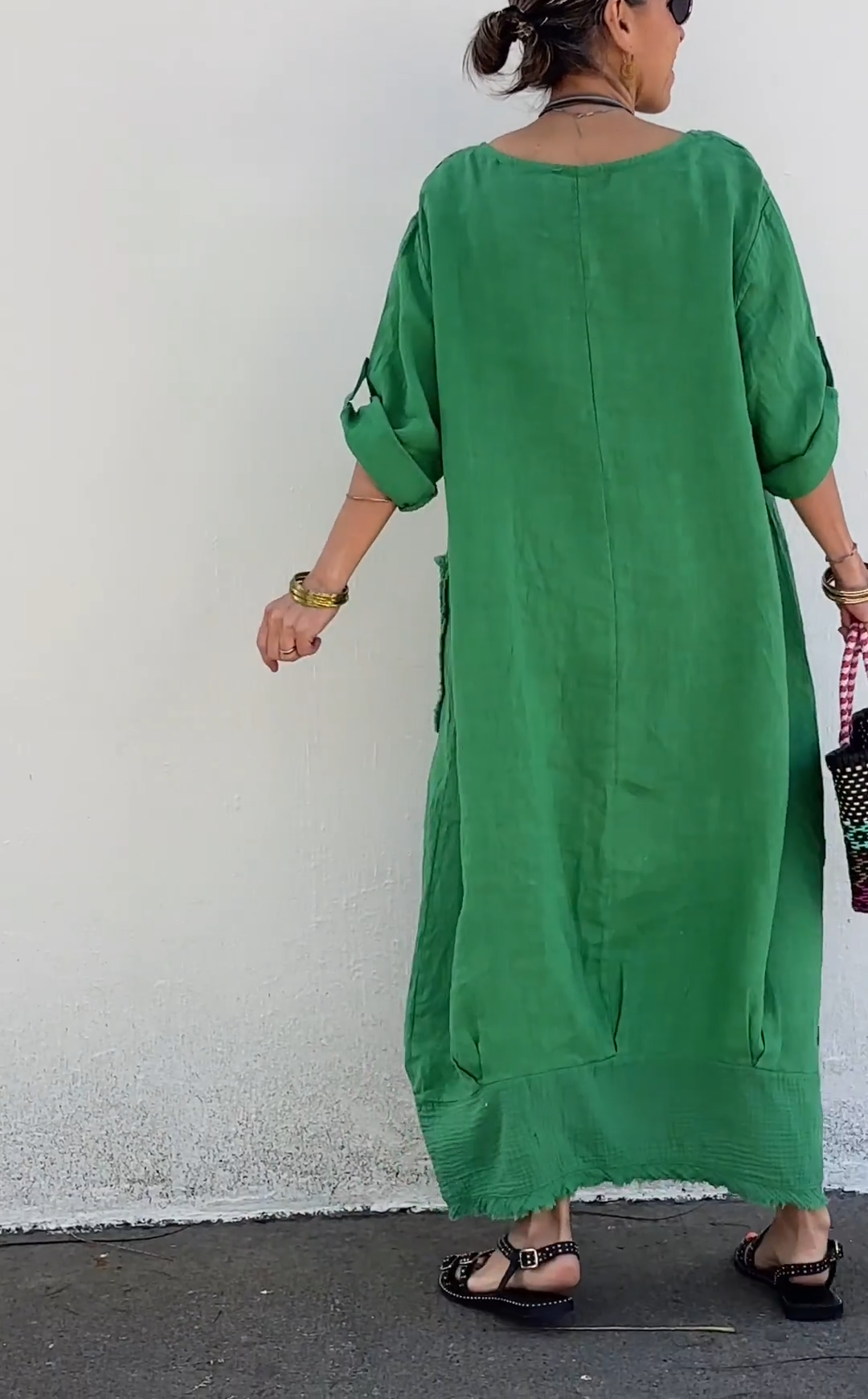 Oversized Linen Maxi Dress with Fringe Hem & Patch Pocket