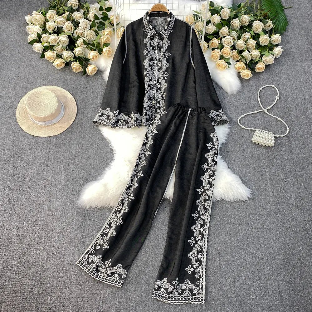 Heavy Embroidery Long Sleeve Shirt & Loose Casual Pants Two Piece Set