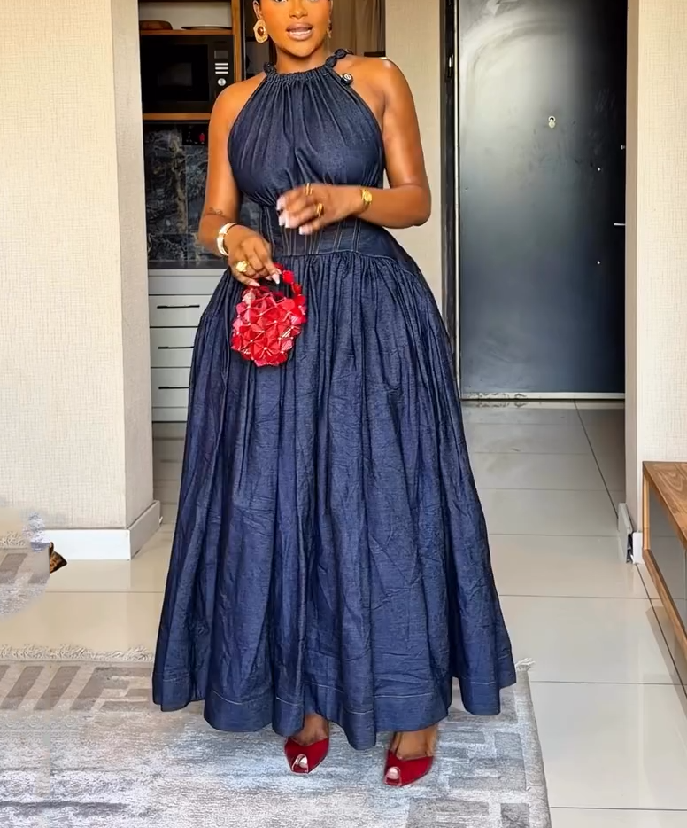 Dark Denim Halter Neck Corset Maxi Dress