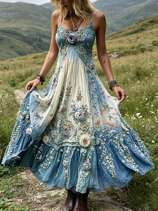 Women's Dragonfly & Floral Embroidered Ombre Boho Maxi Dress