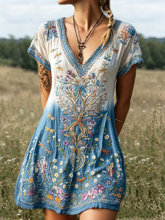 🌳 Women's Tree of Life Dragonfly Embroidered Ombre Boho Mini Dress