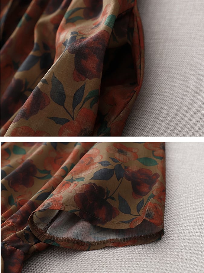 Printed Lapel Simple Cotton Linen Dress