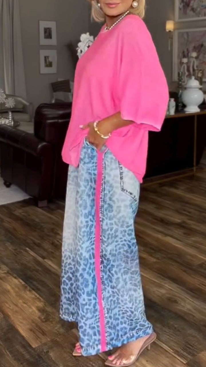 Fluorescent Pink Batwing Sleeve Top  / Gradient Blue Leopard Print Wide-Leg Pants