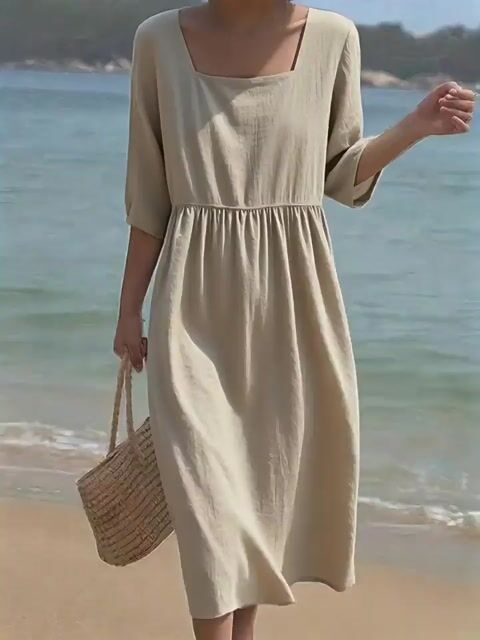 Women'S Casual Solid Color Cotton And Linen Short-Sleeved Dress