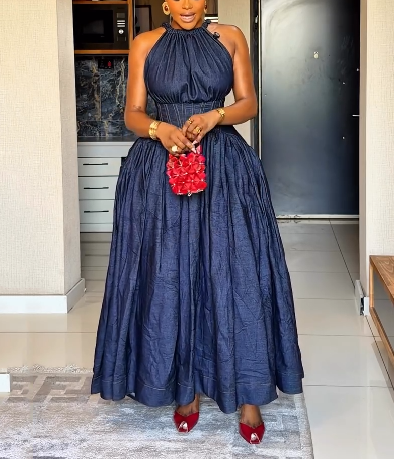 Dark Denim Halter Neck Corset Maxi Dress